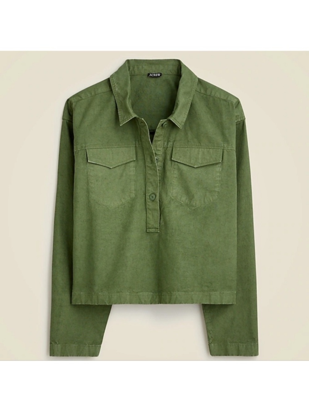 J.Crew Popover Cropped Shirt Sz M Cotton Linen Blend Green Denim Utility Boxy